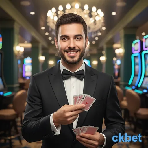 Homem elegante com cartas em um cassino na ckbet.