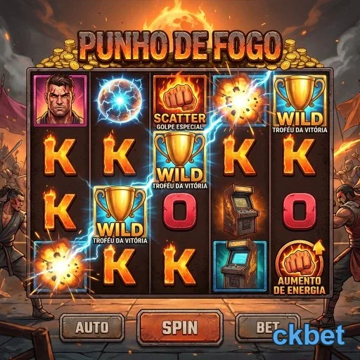 A tela do jogo 'Punho de Fogo' no ckbet, com símbolos e troféus.