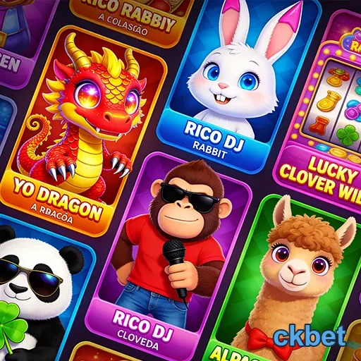 Visão da plataforma ckbet com personagens de slots animados.